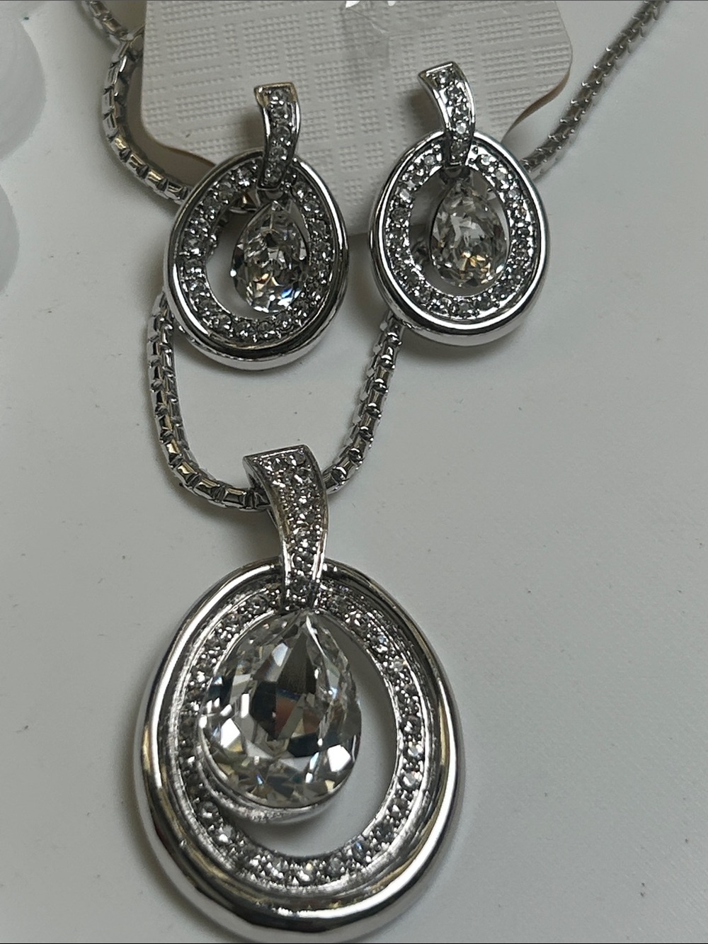 Silver Teardrop Crystal Pendant Necklace and Earring Set